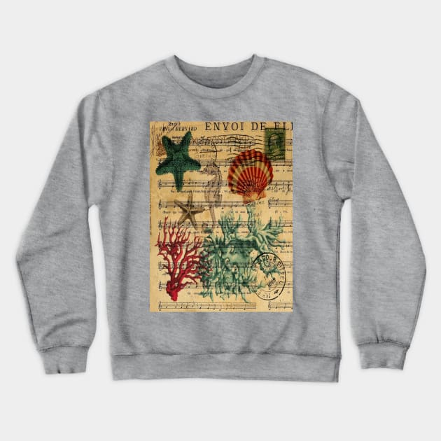 retro nautical ocean starfish coral seashells Crewneck Sweatshirt by Tina